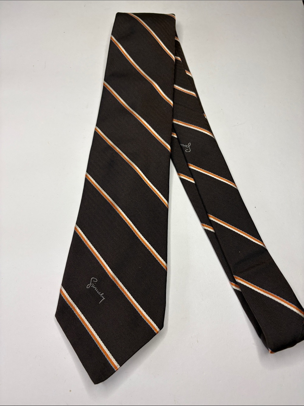GIVENCHY Brown Striped Silk Blend Tie with Orange, Light Blue& Cream Accent